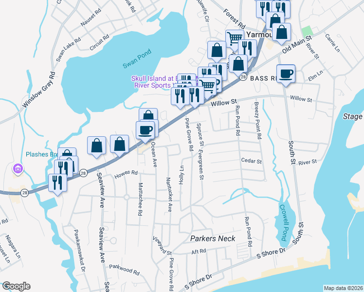 map of restaurants, bars, coffee shops, grocery stores, and more near 34 Bannister Lane in Yarmouth