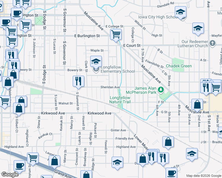 map of restaurants, bars, coffee shops, grocery stores, and more near 1231 Sheridan Avenue in Iowa City
