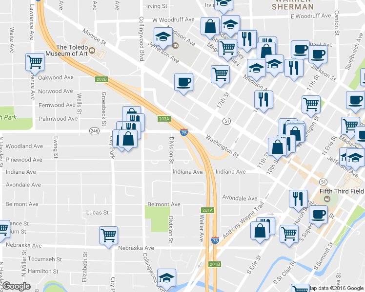 map of restaurants, bars, coffee shops, grocery stores, and more near 382 Woodland Avenue in Toledo