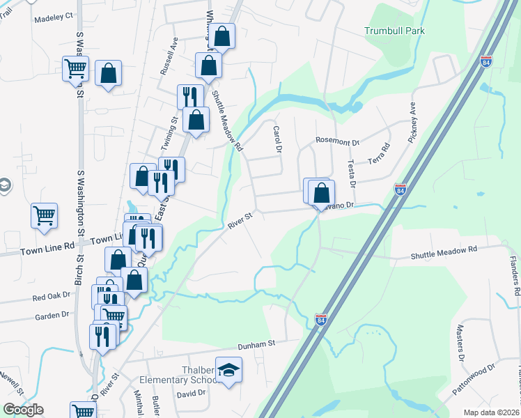 map of restaurants, bars, coffee shops, grocery stores, and more near 124 Shuttle Meadow Road in Plainville