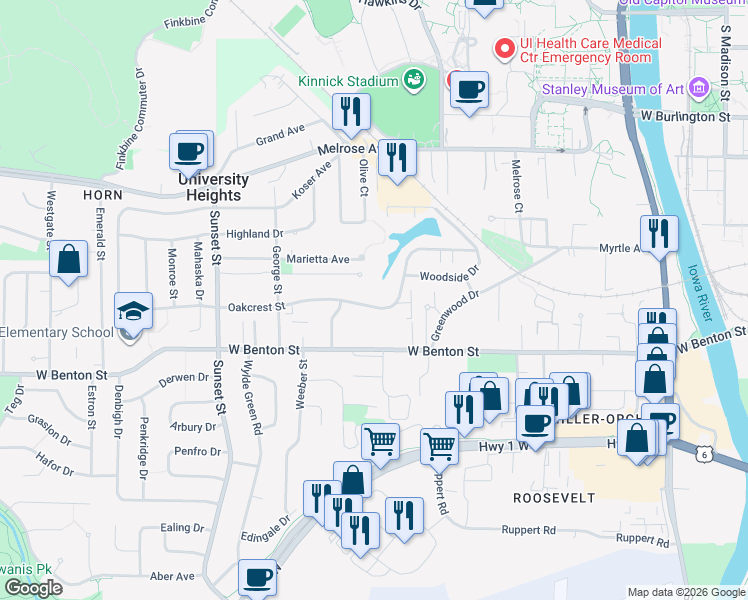 map of restaurants, bars, coffee shops, grocery stores, and more near 1000 Oakcrest Street in Iowa City