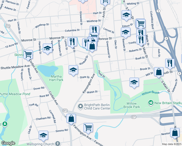map of restaurants, bars, coffee shops, grocery stores, and more near 101 Kensington Avenue in New Britain