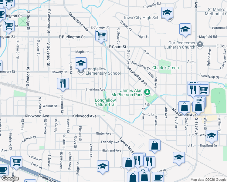 map of restaurants, bars, coffee shops, grocery stores, and more near 1503 Sheridan Avenue in Iowa City