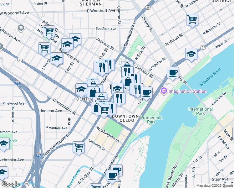 map of restaurants, bars, coffee shops, grocery stores, and more near 228 North Erie Street in Toledo
