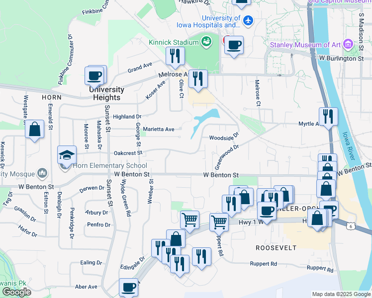 map of restaurants, bars, coffee shops, grocery stores, and more near 1000 Oakcrest Street in Iowa City