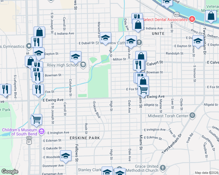 map of restaurants, bars, coffee shops, grocery stores, and more near 805 East Fox Street in South Bend