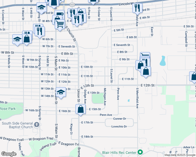 map of restaurants, bars, coffee shops, grocery stores, and more near 601 East 11th Street in Mishawaka