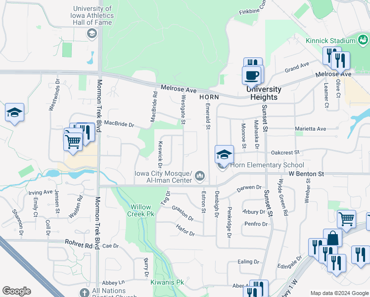 map of restaurants, bars, coffee shops, grocery stores, and more near 636 Westgate Street in Iowa City