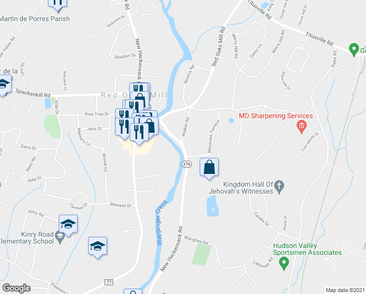map of restaurants, bars, coffee shops, grocery stores, and more near New Hackensack Road & Walker Road in Poughkeepsie