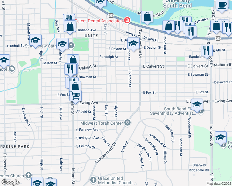 map of restaurants, bars, coffee shops, grocery stores, and more near 2205 Clyde Street in South Bend