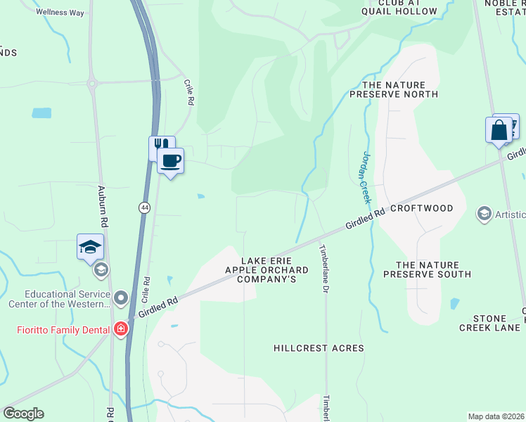 map of restaurants, bars, coffee shops, grocery stores, and more near 8085 North Orchard Road in Painesville