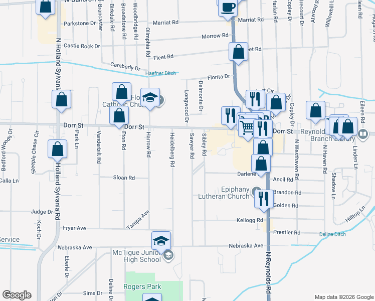 map of restaurants, bars, coffee shops, grocery stores, and more near 1131 Sawyer Road in Toledo