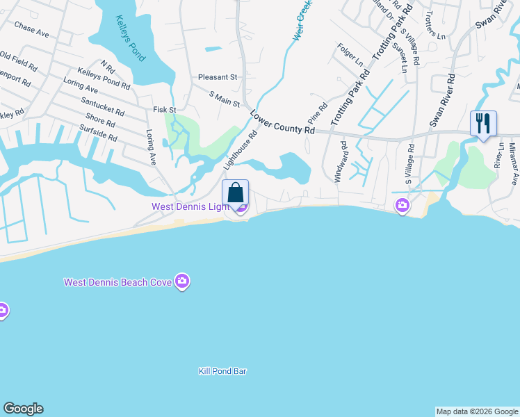 map of restaurants, bars, coffee shops, grocery stores, and more near 14 Ocean Park Way in Dennis