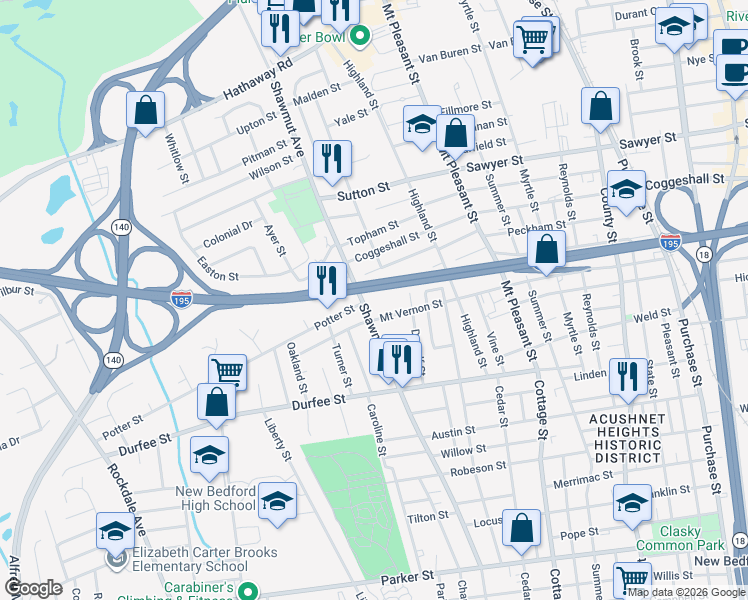 map of restaurants, bars, coffee shops, grocery stores, and more near 92 Potter Street in New Bedford