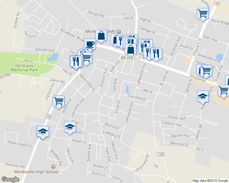 map of restaurants, bars, coffee shops, grocery stores, and more near 36 York Avenue in Monticello