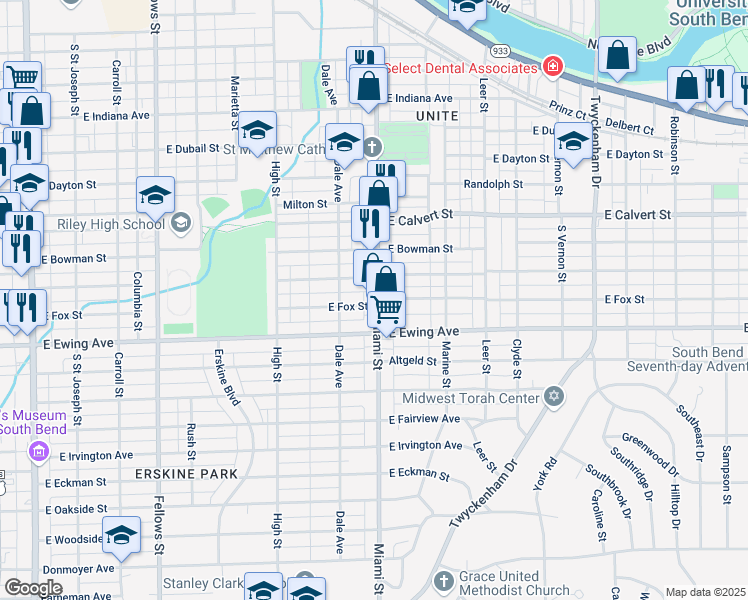 map of restaurants, bars, coffee shops, grocery stores, and more near 2123 Miami Street in South Bend