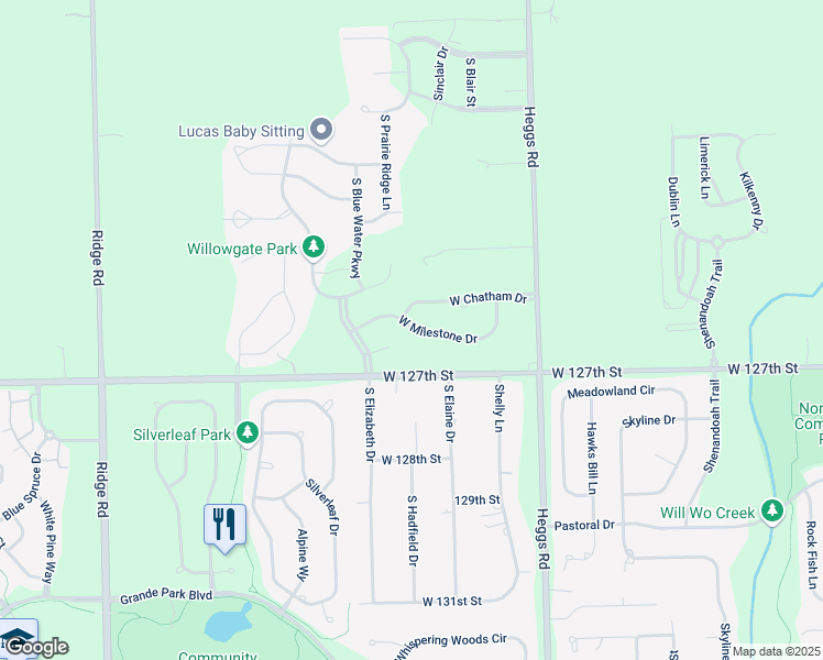 map of restaurants, bars, coffee shops, grocery stores, and more near 26235 West Milestone Drive in Plainfield