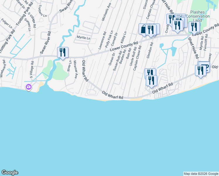 map of restaurants, bars, coffee shops, grocery stores, and more near 89 Beaten Road in Dennis