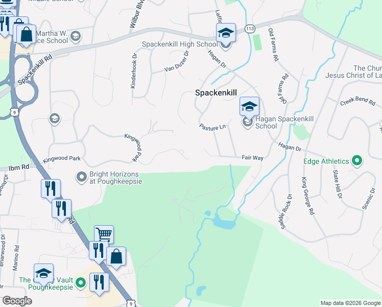 map of restaurants, bars, coffee shops, grocery stores, and more near 55 Kingwood Drive in Poughkeepsie