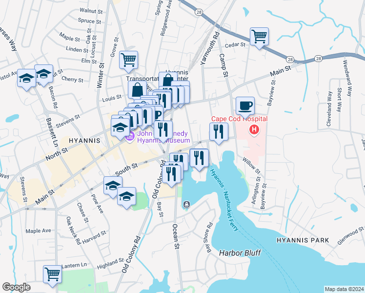 map of restaurants, bars, coffee shops, grocery stores, and more near 132 South Street in Barnstable