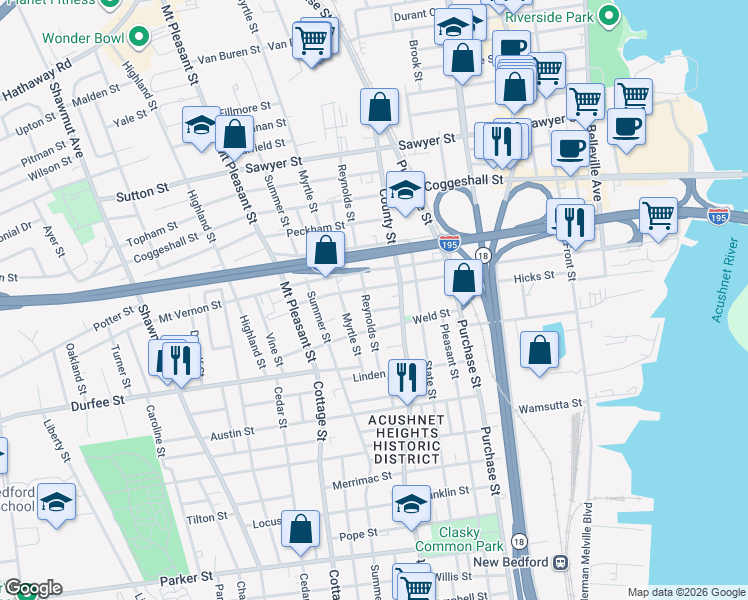 map of restaurants, bars, coffee shops, grocery stores, and more near 56 Reynolds Street in New Bedford