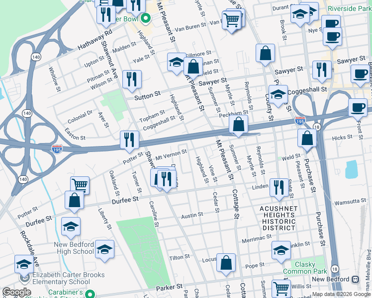 map of restaurants, bars, coffee shops, grocery stores, and more near 62 Mount Vernon Street in New Bedford