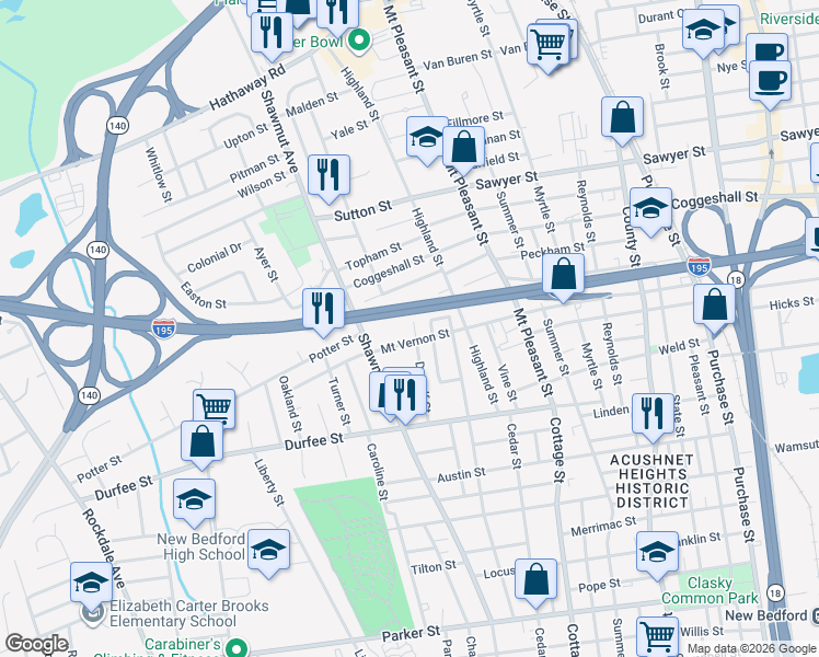 map of restaurants, bars, coffee shops, grocery stores, and more near 102 Dewolf Street in New Bedford