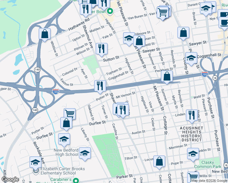 map of restaurants, bars, coffee shops, grocery stores, and more near 92 Potter Street in New Bedford