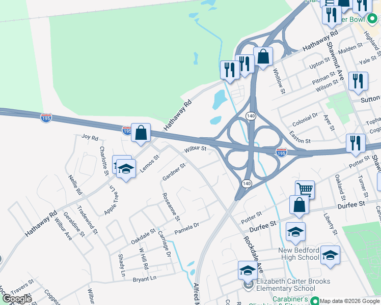 map of restaurants, bars, coffee shops, grocery stores, and more near in New Bedford