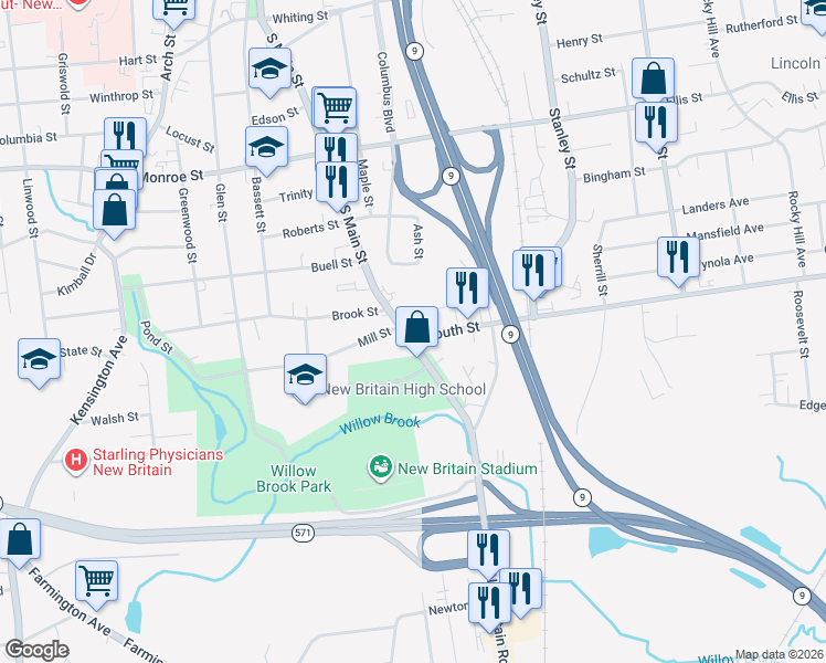 map of restaurants, bars, coffee shops, grocery stores, and more near 487 South Main Street in New Britain