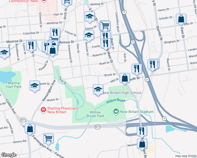 map of restaurants, bars, coffee shops, grocery stores, and more near 11 Logan Street in New Britain