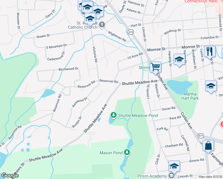 map of restaurants, bars, coffee shops, grocery stores, and more near 484 Shuttle Meadow Avenue in New Britain