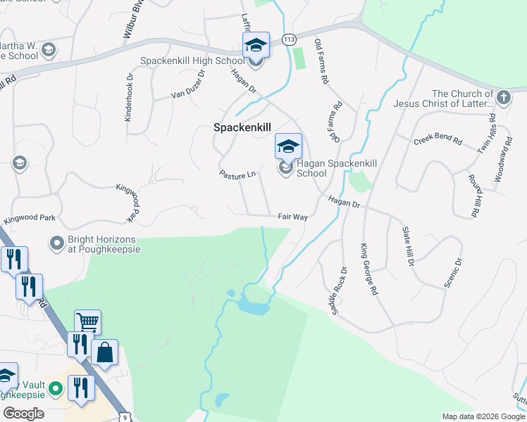 map of restaurants, bars, coffee shops, grocery stores, and more near 24 Fair Way in Poughkeepsie