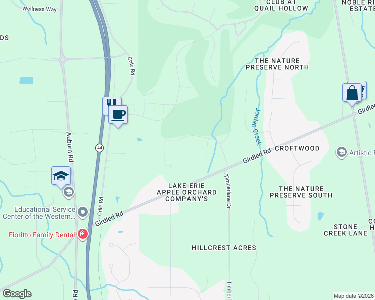 map of restaurants, bars, coffee shops, grocery stores, and more near 8085 North Orchard Road in Painesville