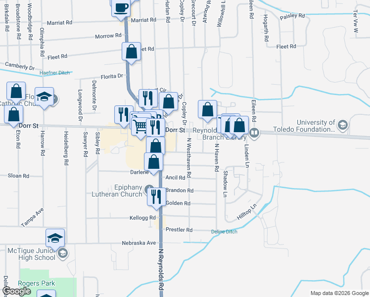 map of restaurants, bars, coffee shops, grocery stores, and more near 1301 North Westhaven Road in Toledo
