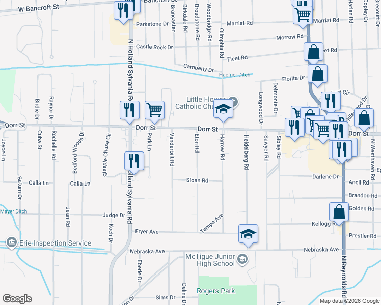 map of restaurants, bars, coffee shops, grocery stores, and more near 1129 Eton Road in Toledo