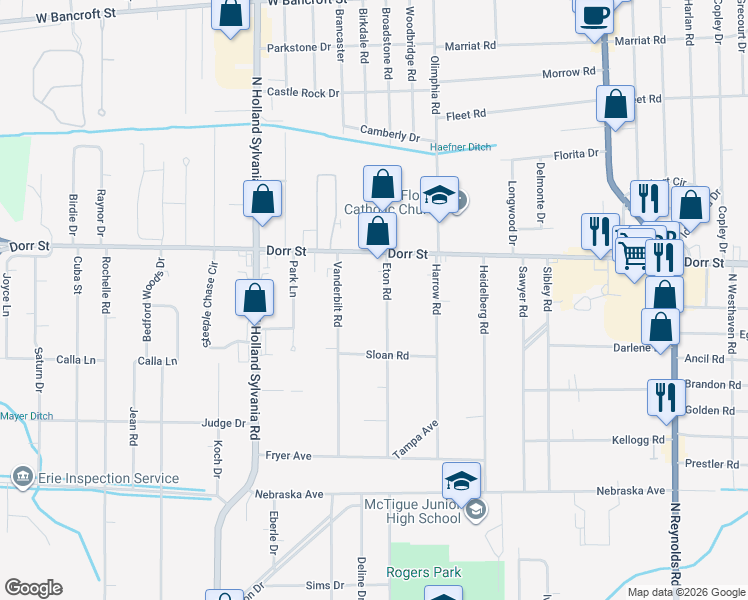 map of restaurants, bars, coffee shops, grocery stores, and more near 1129 Eton Road in Toledo