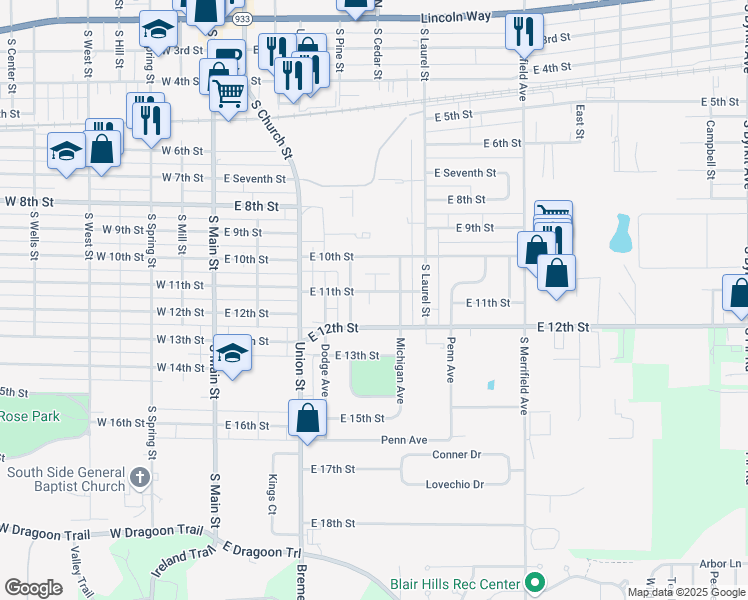 map of restaurants, bars, coffee shops, grocery stores, and more near 601 East 11th Street in Mishawaka