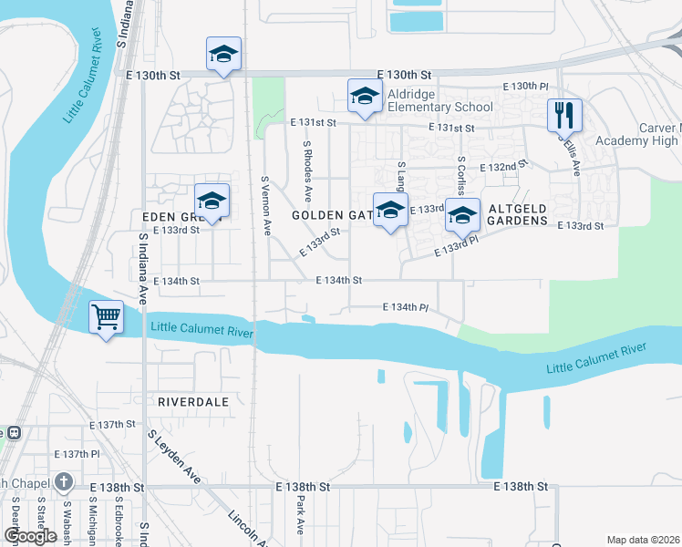 map of restaurants, bars, coffee shops, grocery stores, and more near 548 East 134th Street in Chicago