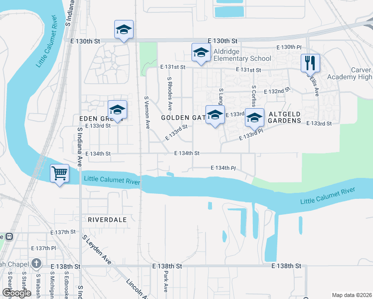 map of restaurants, bars, coffee shops, grocery stores, and more near 548 East 134th Street in Chicago