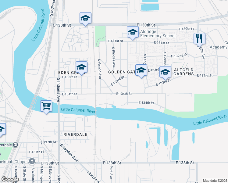map of restaurants, bars, coffee shops, grocery stores, and more near 13327 South Eberhart Avenue in Chicago