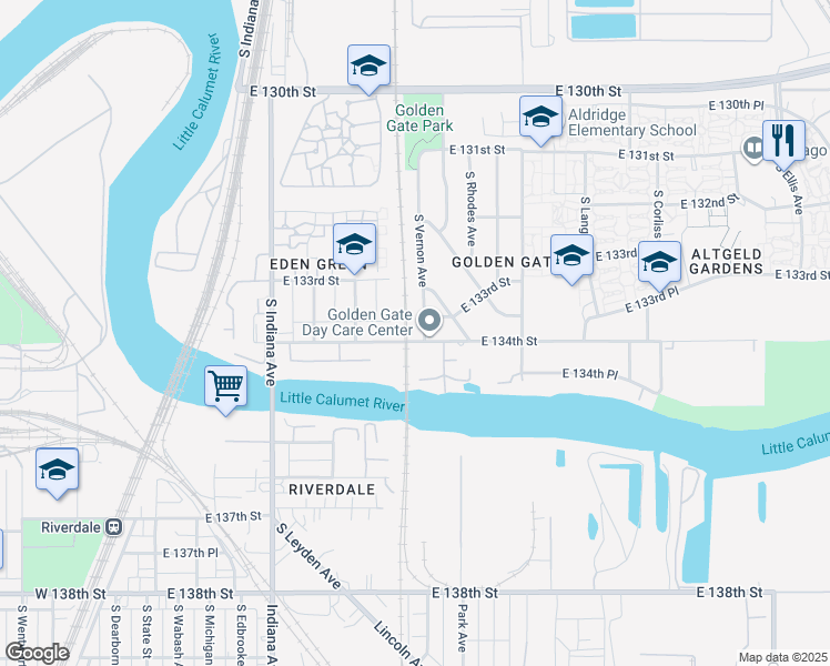 map of restaurants, bars, coffee shops, grocery stores, and more near 13320 South Vernon Avenue in Chicago