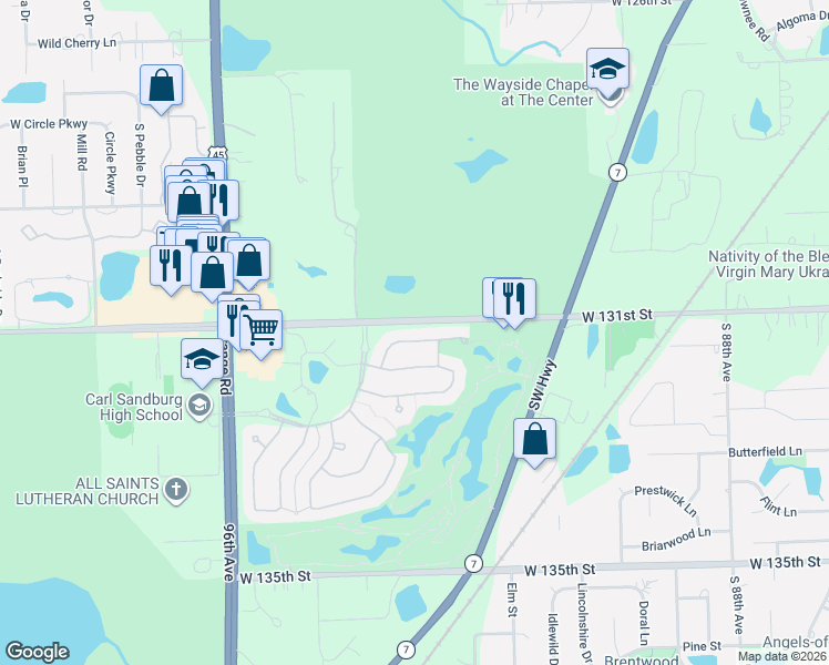 map of restaurants, bars, coffee shops, grocery stores, and more near 9318 Dunmore Drive in Orland Park