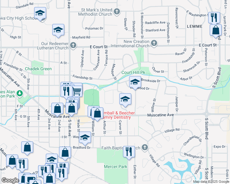 map of restaurants, bars, coffee shops, grocery stores, and more near 2310 Catskill Court in Iowa City