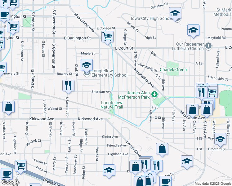 map of restaurants, bars, coffee shops, grocery stores, and more near Longfellow Nature Trail in Iowa City