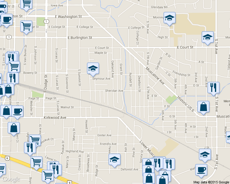 map of restaurants, bars, coffee shops, grocery stores, and more near 1231 Sheridan Avenue in Iowa City