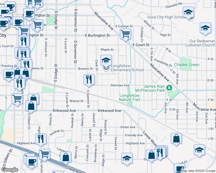 map of restaurants, bars, coffee shops, grocery stores, and more near 1203 Sheridan Avenue in Iowa City