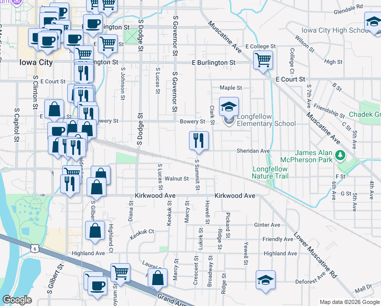 map of restaurants, bars, coffee shops, grocery stores, and more near 800-802 South Summit Street in Iowa City