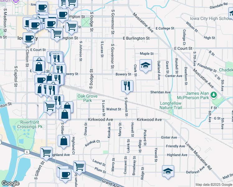 map of restaurants, bars, coffee shops, grocery stores, and more near 676 South Governor Street in Iowa City