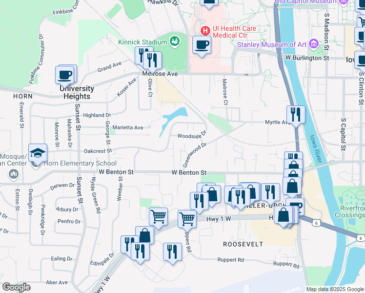 map of restaurants, bars, coffee shops, grocery stores, and more near 703 Carriage Hill in Iowa City